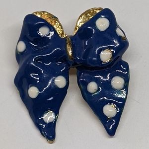 Vintage blue bow brooch with white polka dots